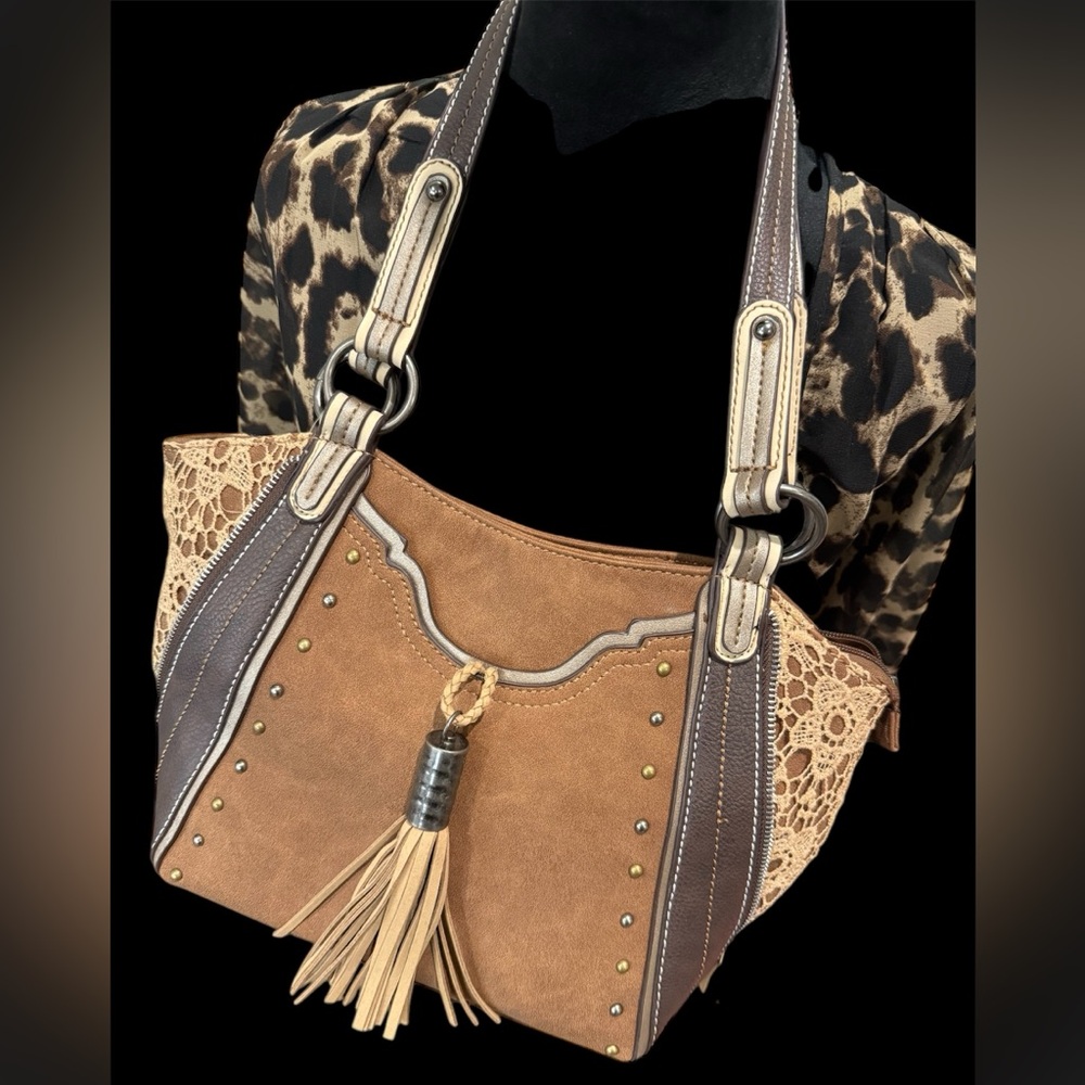 JUSTIN Tan Faux‎ Leather with Lace & Tassel Concealed Carry Handbag